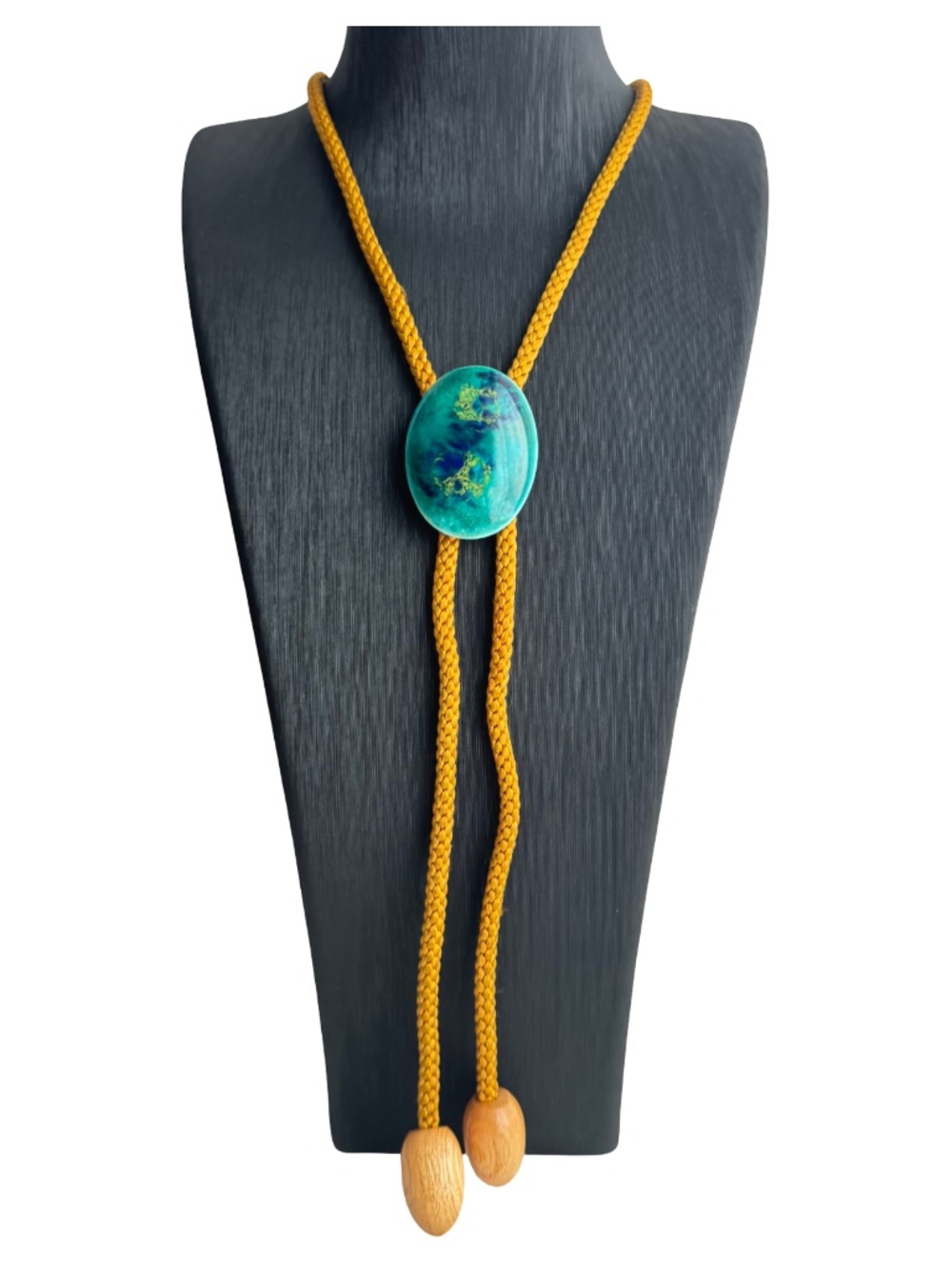 Vintage Green Porcelain Bolo Tie Necklace Braided Cord Wooden Tips Western 41"L